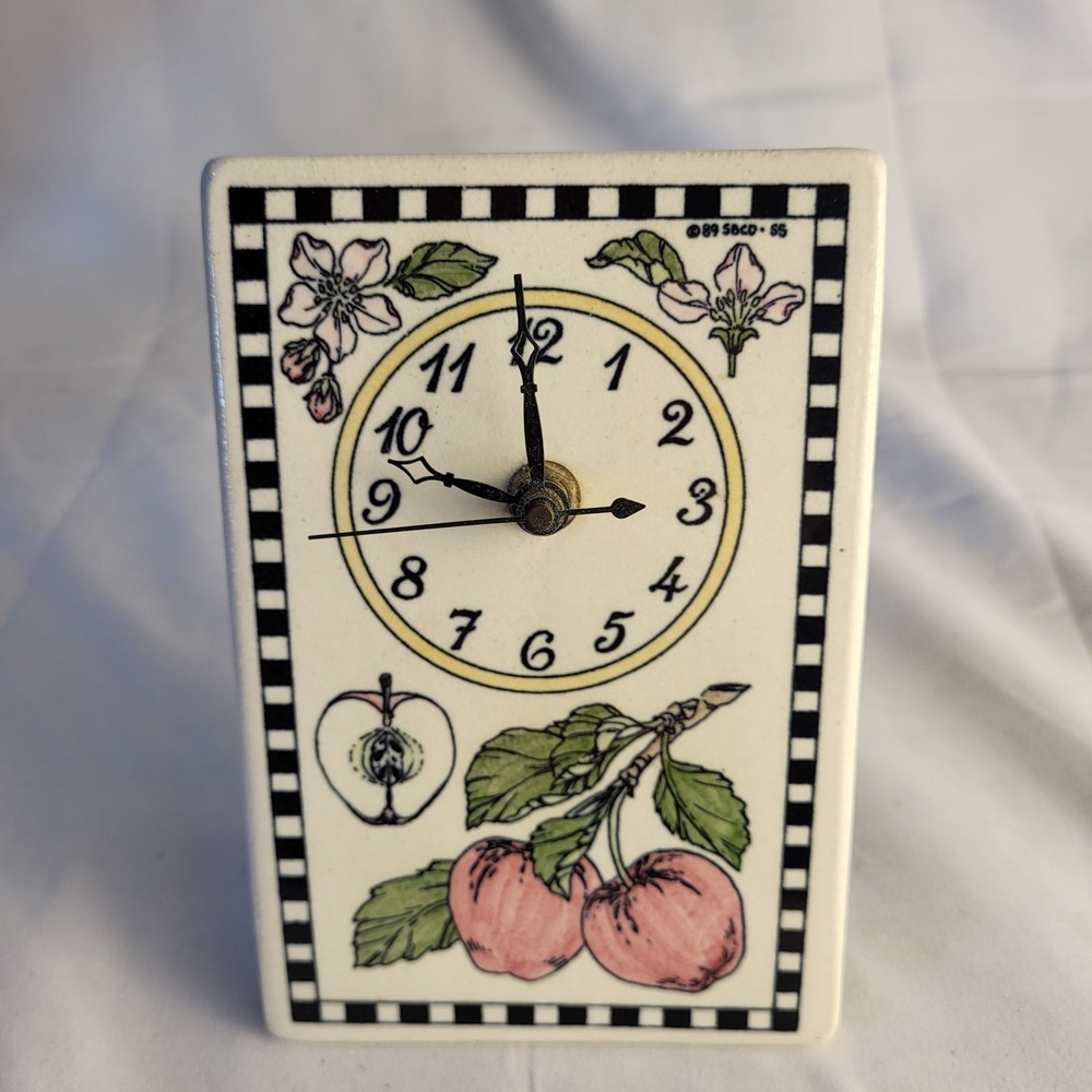 Vintage 6.25 x 4" Santa Barbara Apples Ceramic Clock 1989 Grannycore